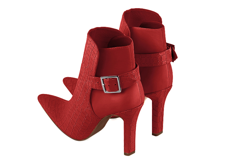 Scarlet red women's ankle boots with buckles at the back. Tapered toe. Very high slim heel. Rear view - Florence KOOIJMAN